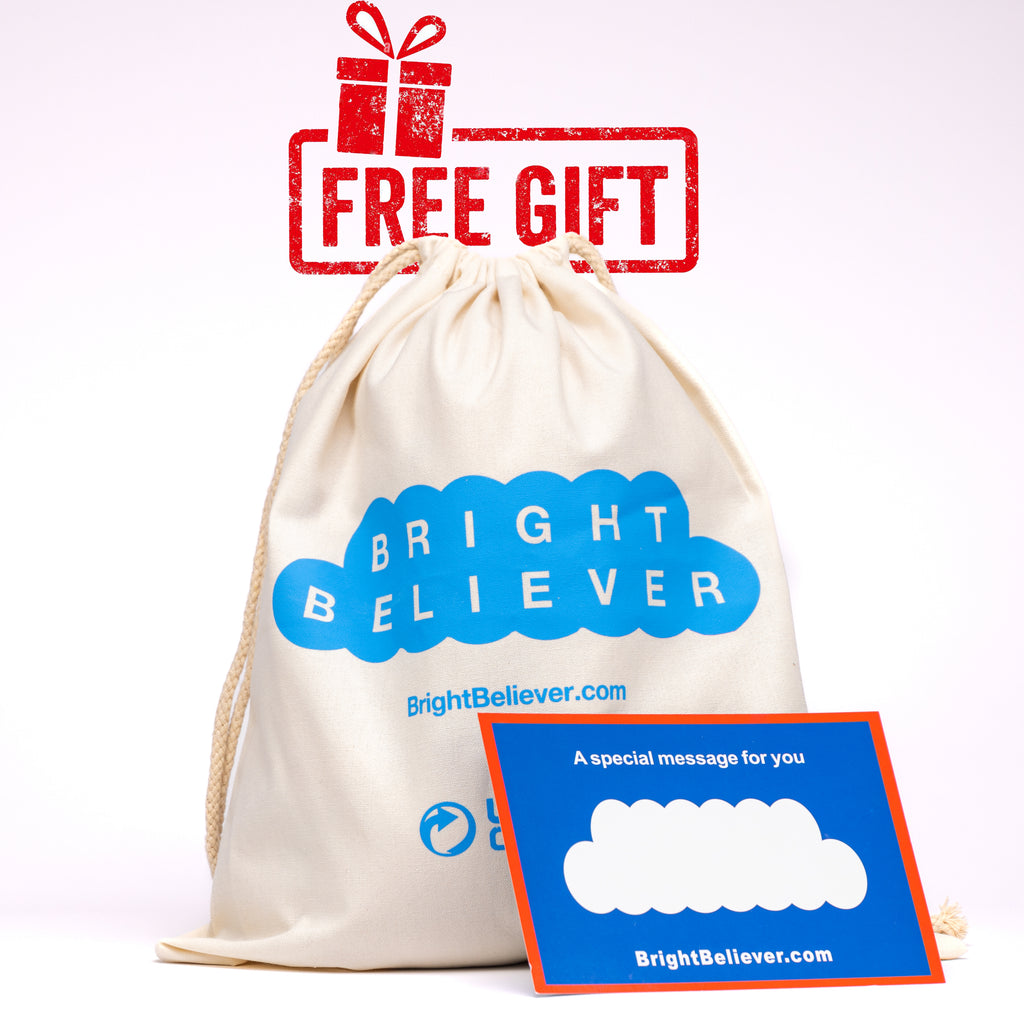 Elegant packaging bag for BrightBeliever weighted stuffed animal, featuring eco-friendly materials and the BrightBeliever logo, ready for gifting.