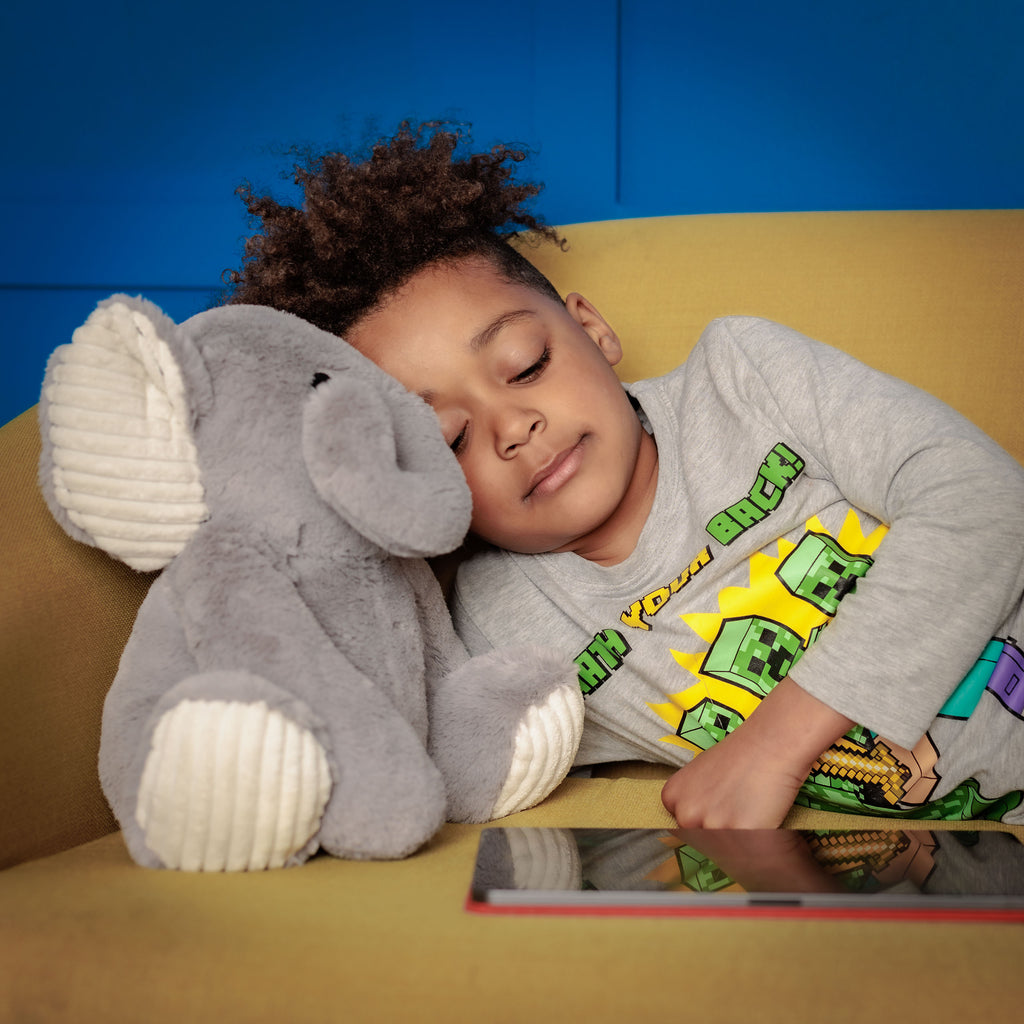 Boy on a couch holding Empowerment Elephant, absorbed in learning through a tablet app.